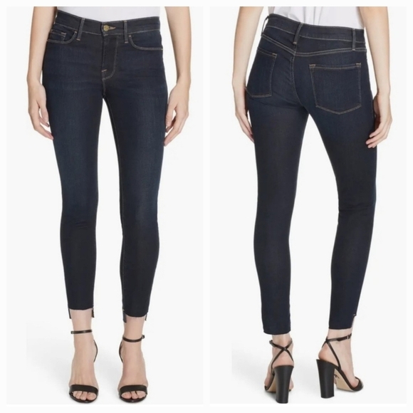 Frame Le High Mid Rise Cabana Dark Wash Stagger Hem Skinny Straight Jeans Sz 25 - Picture 1 of 14